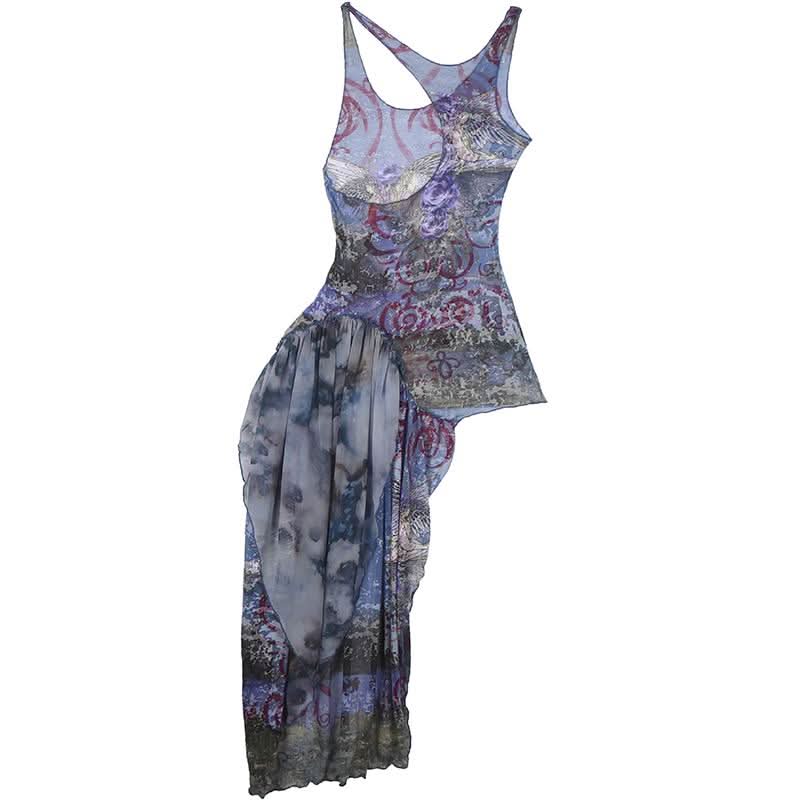 Irregular u neck ruched ruffle print contrast top  | Festival Outfits Women