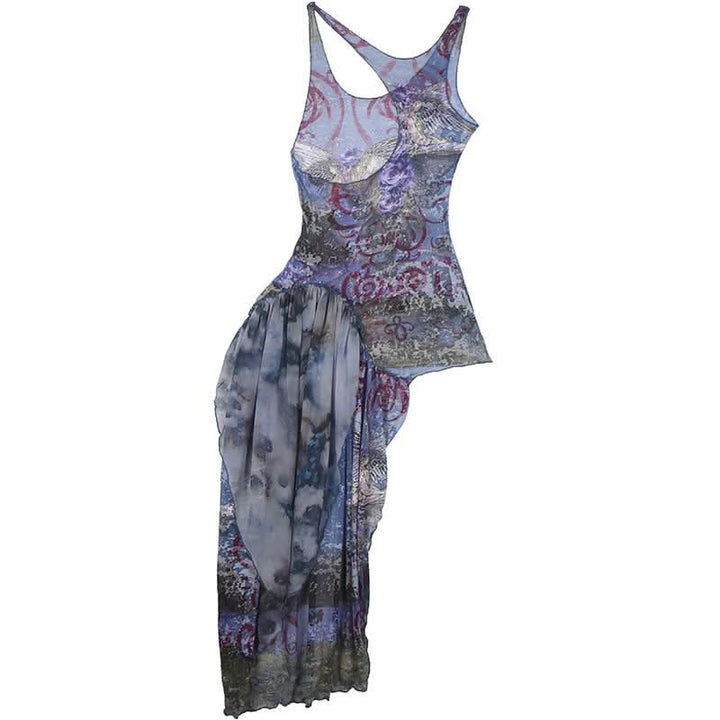 Irregular u neck ruched ruffle print contrast top  | Festival Outfits Women