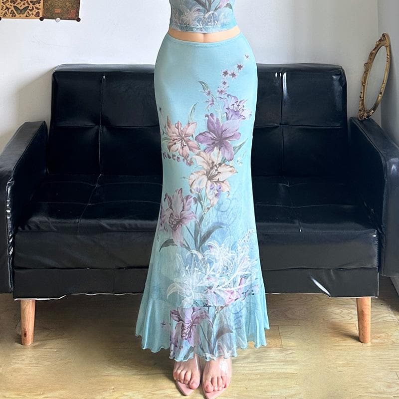 Ruched ruffle cowl neck  flower print mesh maxi skirt set-final-sale