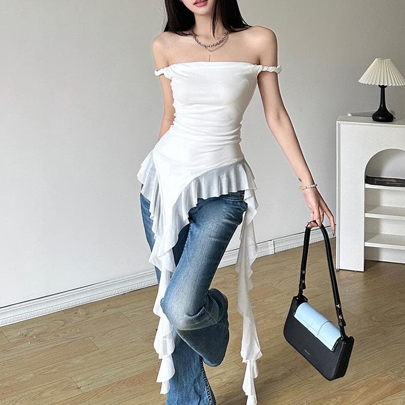 Off shoulder ruffle irregular mesh top  | Festival Outfits Women
