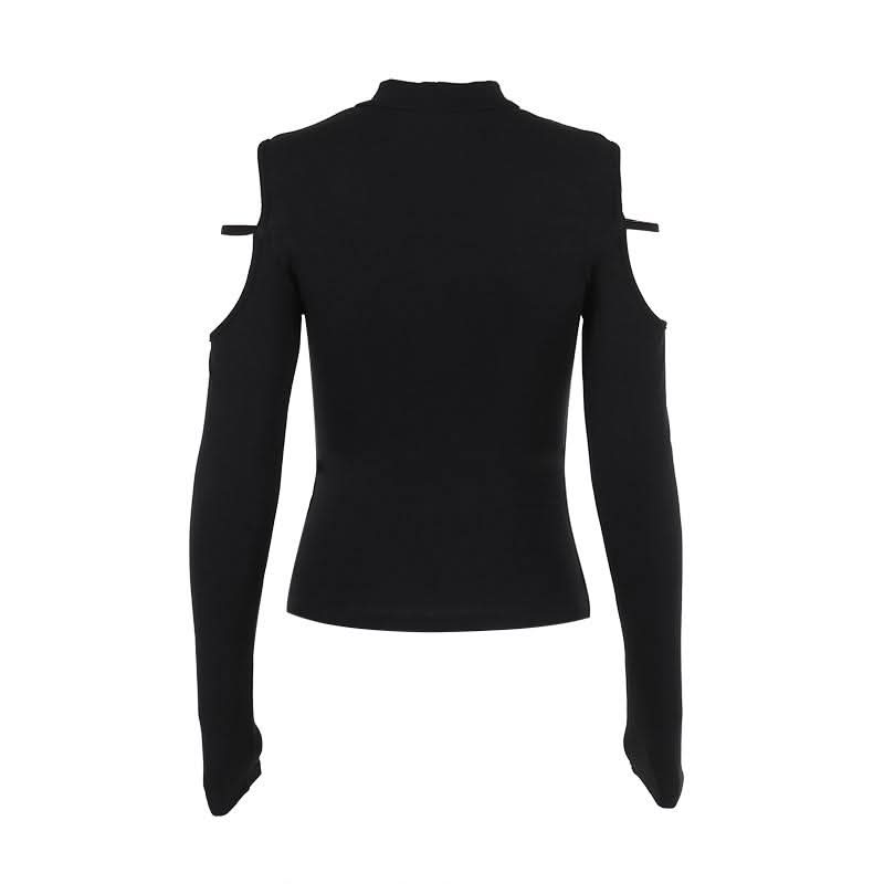 High neck long sleeve hollow out cross metal cut out top  | Festival Outfits Women