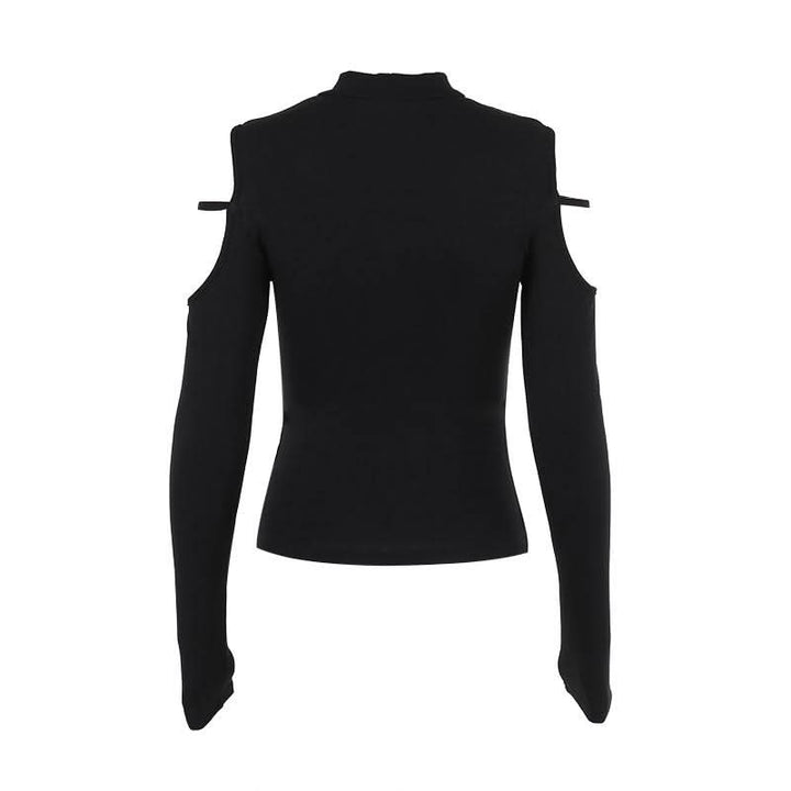 High neck long sleeve hollow out cross metal cut out top  | Festival Outfits Women