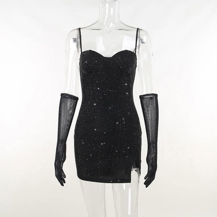 Gloves solid beaded slit sweetheart neck cami mini dress-final-sale