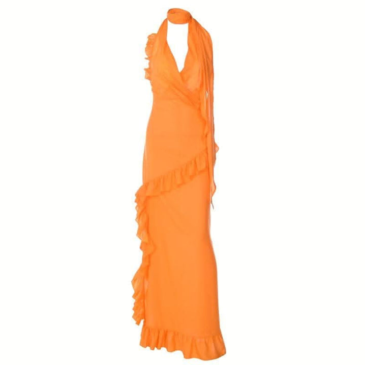 Halter v neck backless ruffle zip-up solid maxi dress-final-sale  | Festival Outfits Women