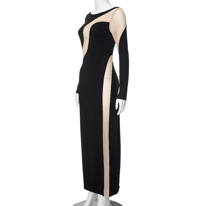 Mesh patchwork contrast irregular long sleeve maxi dress-final-sale  | Festival Outfits Women