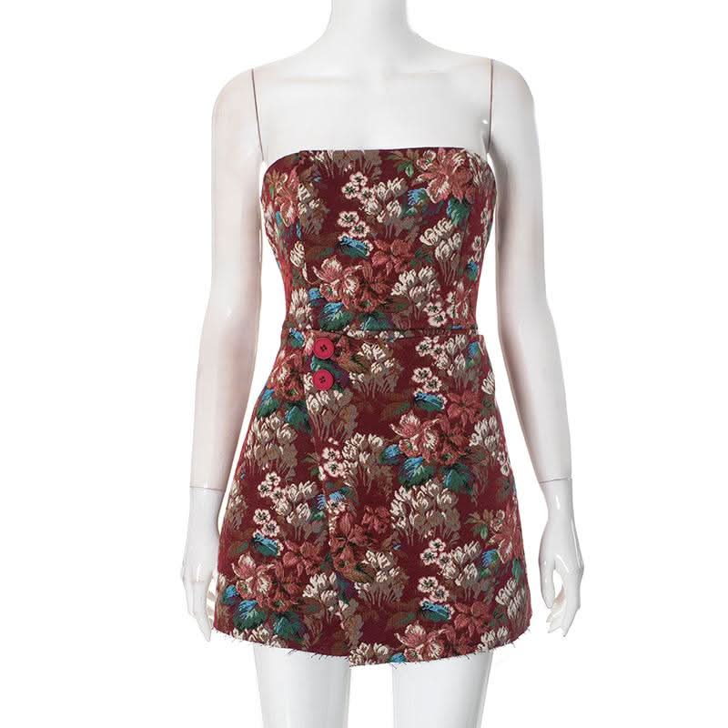 Flower print zip-up button tube mini dress  | Festival Outfits Women