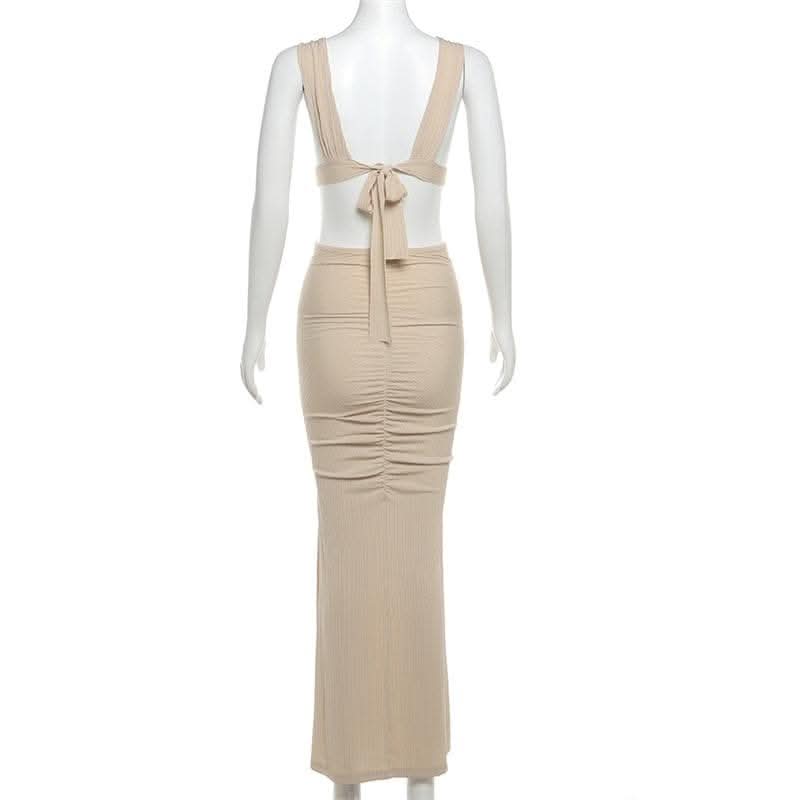 O ring textured hollow out self tie ruched tank cut out maxi dress-final-sale  | Festival Outfits Women