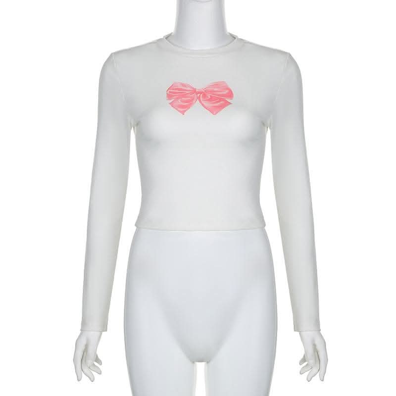Bowknot pattern contrast long sleeve crewneck top-final-sale  | Festival Outfits Women