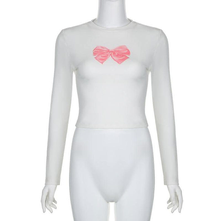 Bowknot pattern contrast long sleeve crewneck top-final-sale  | Festival Outfits Women
