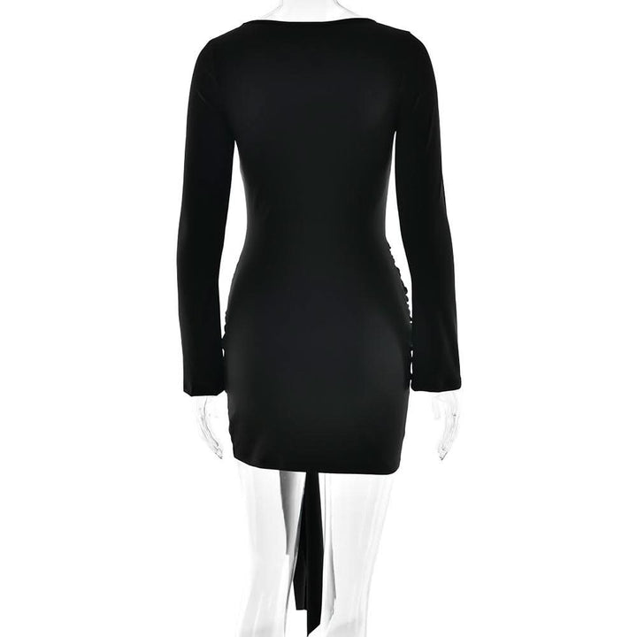 Long sleeve ruched metal applique mini dress  | Festival Outfits Women