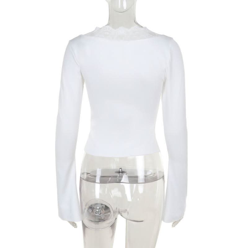 Long sleeve v neck lace hem button top  | Festival Outfits Women