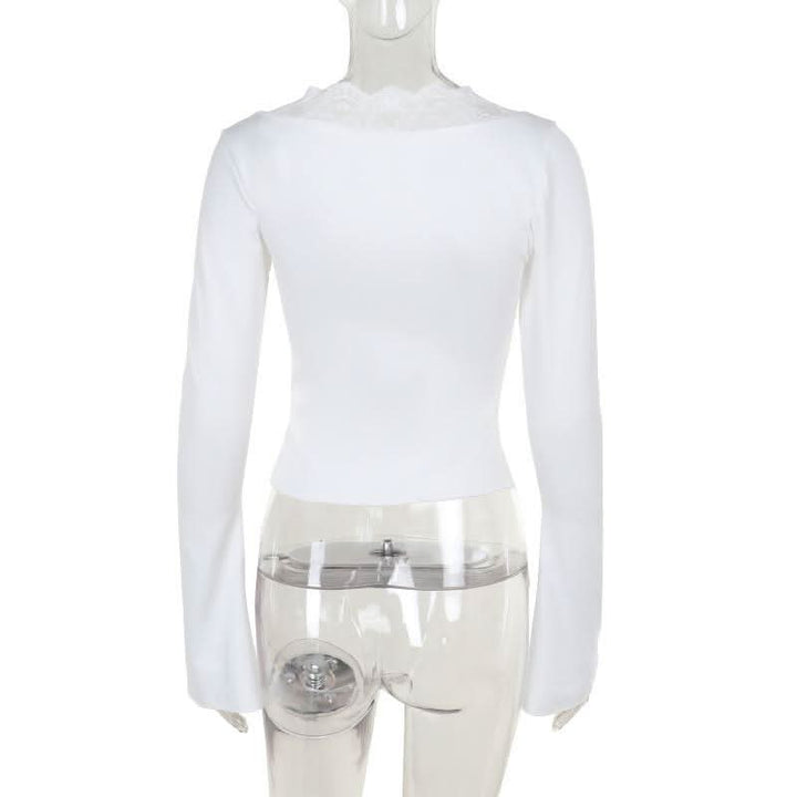 Long sleeve v neck lace hem button top  | Festival Outfits Women
