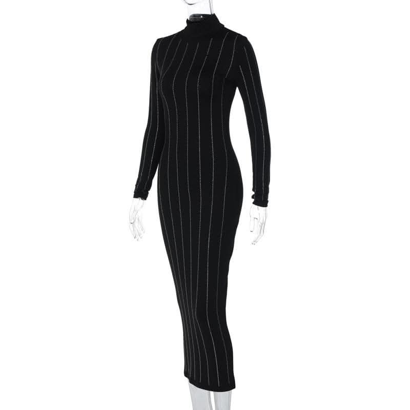 Long sleeve high neck beaded solid midi dress-final-sale  | Festival Outfits Women