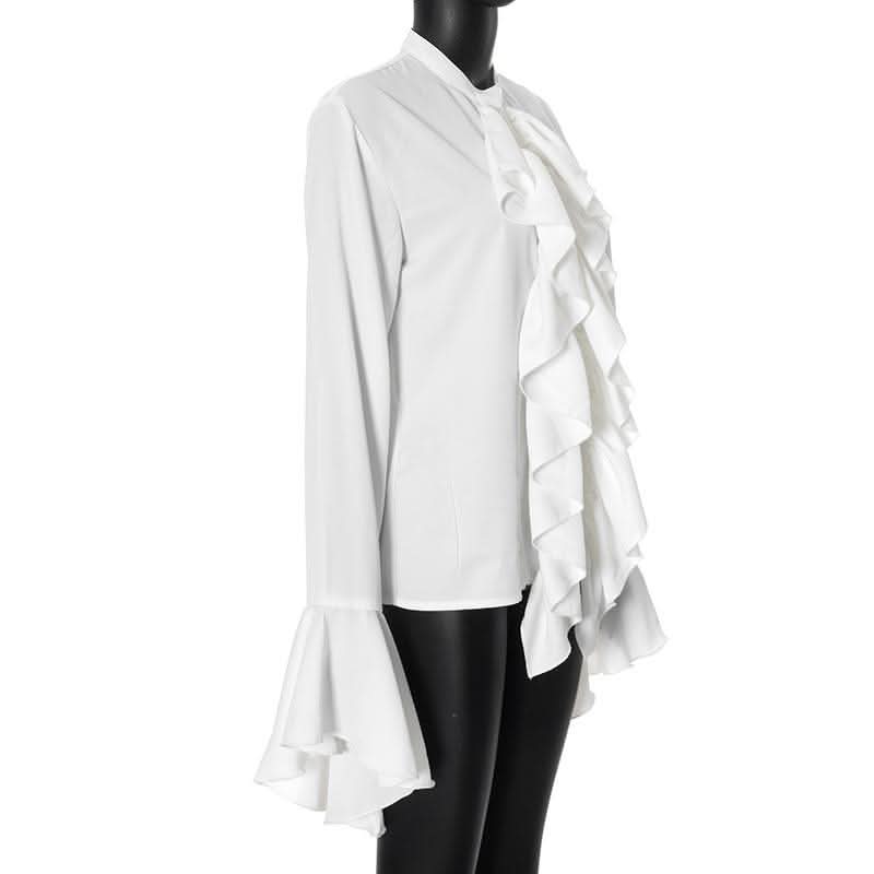 Long flared sleeve ruched ruffle button solid top-final-sale  | Festival Outfits Women