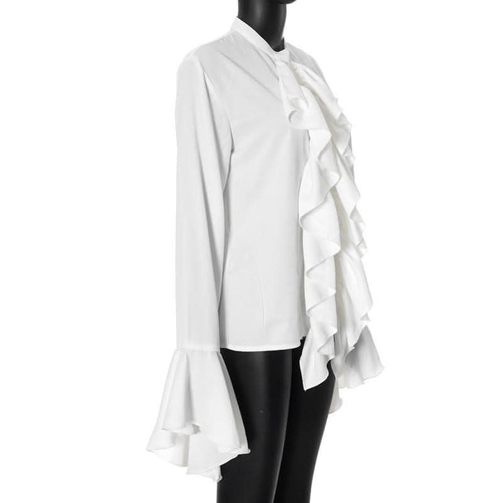 Long flared sleeve ruched ruffle button solid top-final-sale  | Festival Outfits Women