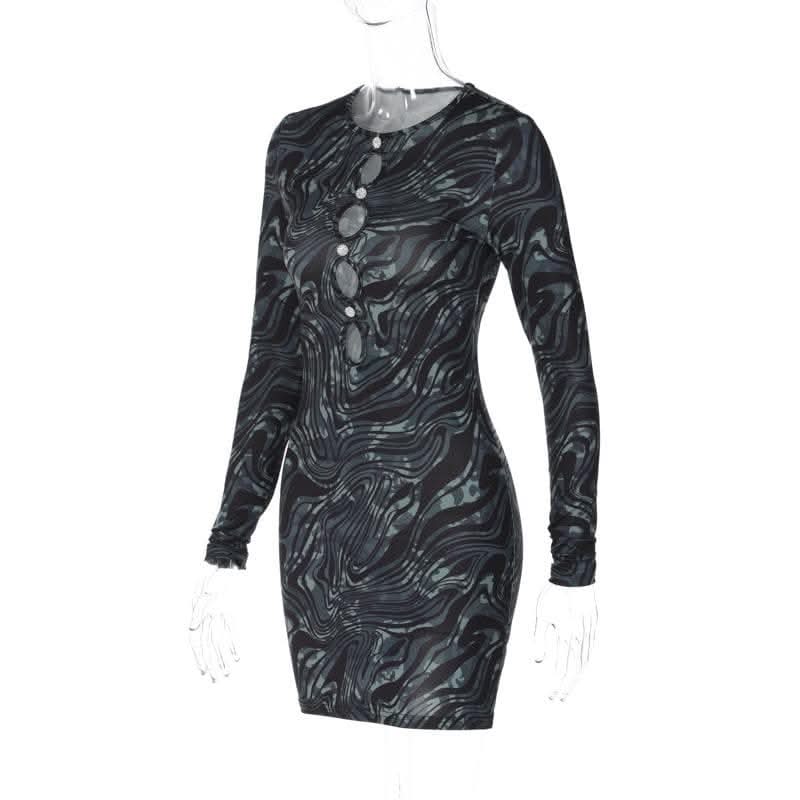 Ripple contrast long sleeve hollow out crewneck cut out mini dress-final-sale  | Festival Outfits Women