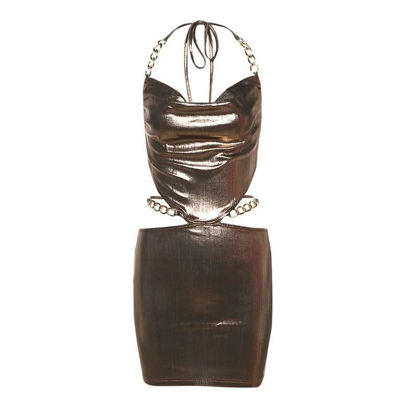 Cowl neck halter metal chain hollow out cut out mini dress  | Festival Outfits Women