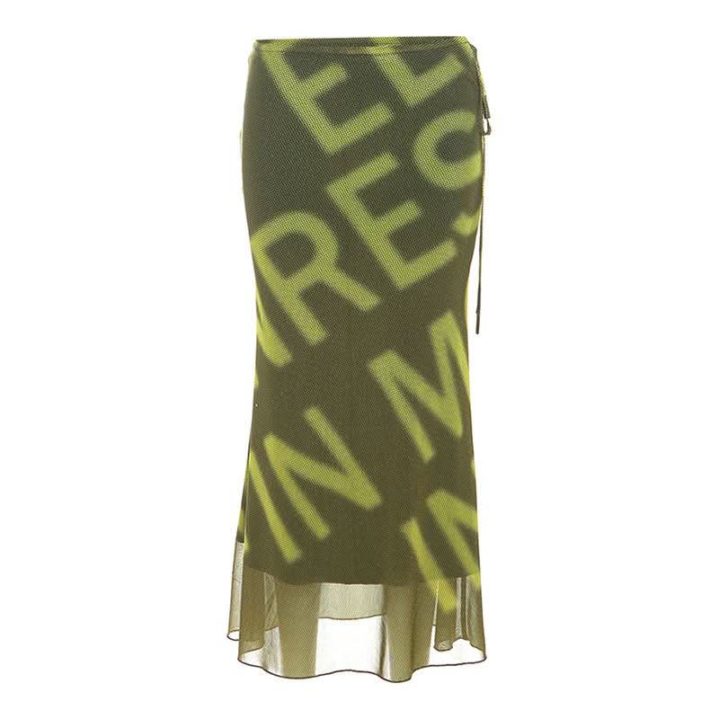 Mesh letter print hollow out self tie cut out maxi skirt  | Festival Outfits Women
