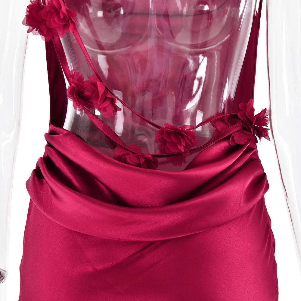 Cowl neck satin flower applique backless cami maxi dress  | Festival Outfits Women