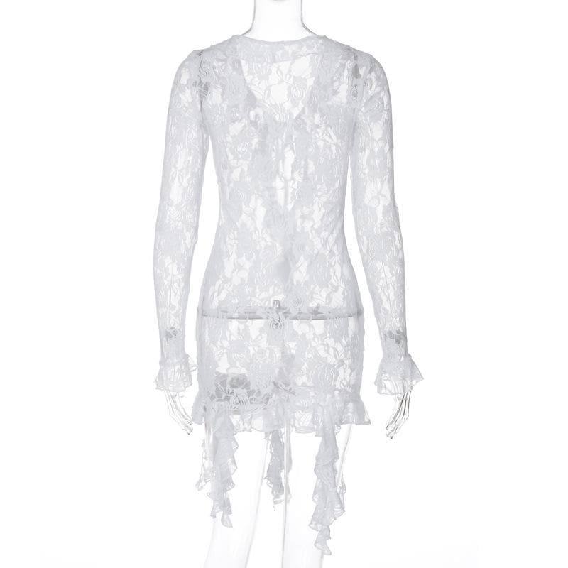 Long flared sleeve ruffle lace see through mini dress  | Festival Outfits Women