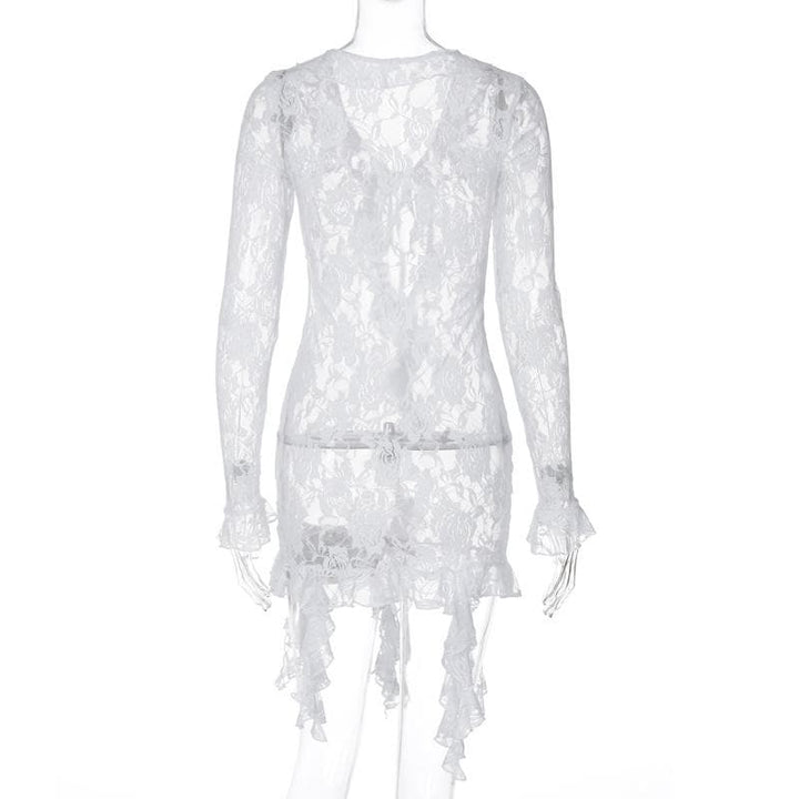 Long flared sleeve ruffle lace see through mini dress  | Festival Outfits Women