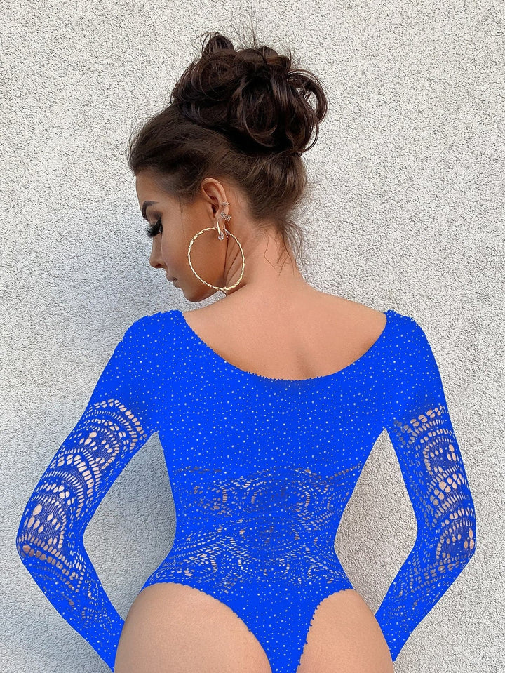 Long sleeve net rhinestone backless bodysuit  | Festival Outfits Women