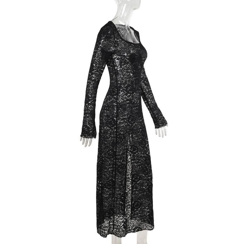 Long sleeve u neck lace slit maxi dress  | Festival Outfits Women