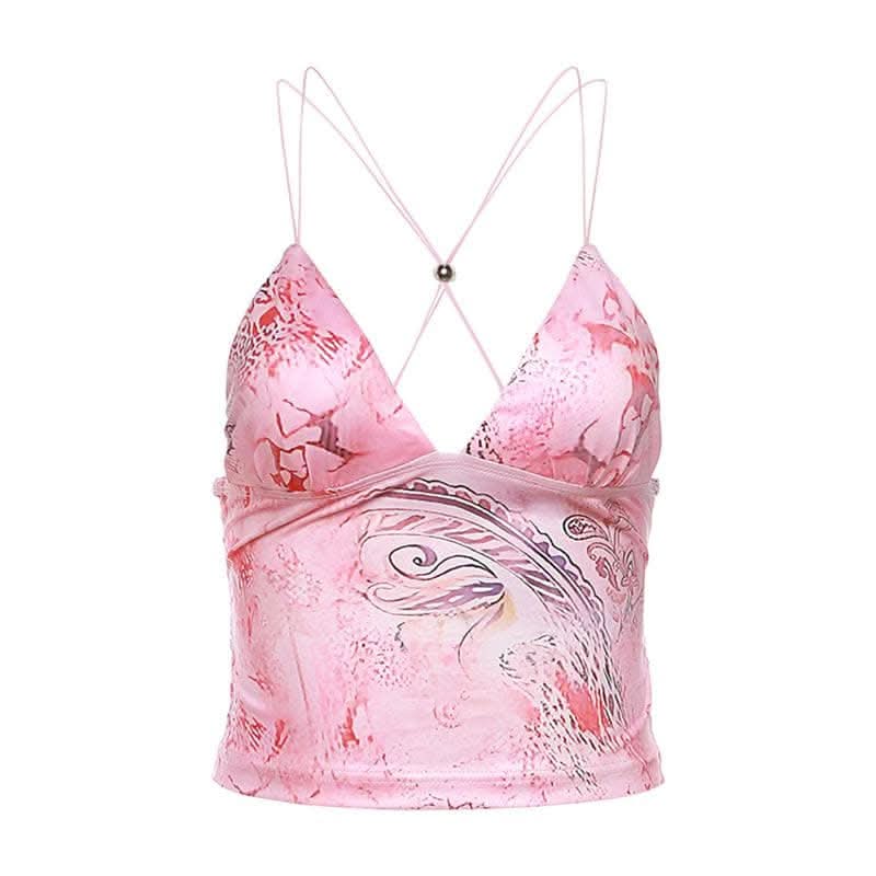 Butterfly applique backless v neck contrast print crop top-final-sale