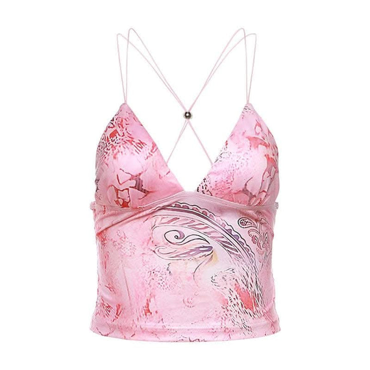 Butterfly applique backless v neck contrast print crop top-final-sale