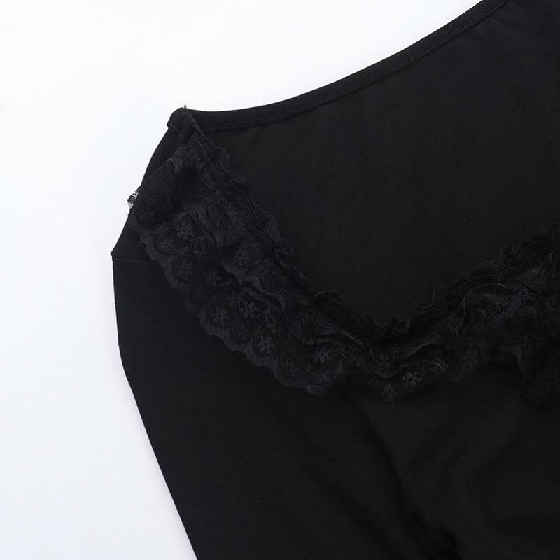 Long sleeve ruffle lace hem necklace top  | Festival Outfits Women