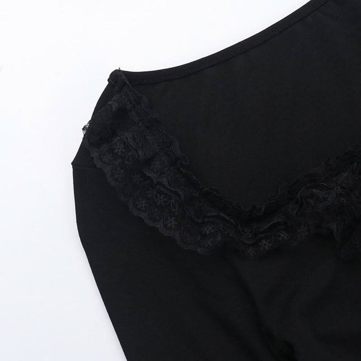 Long sleeve ruffle lace hem necklace top  | Festival Outfits Women