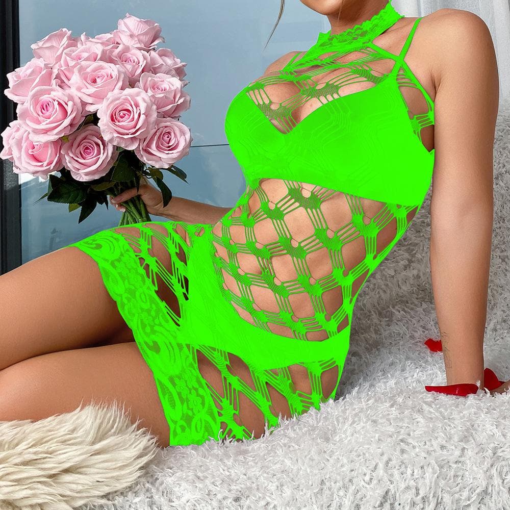 Halter net hollow out solid bodysuit  | Festival Outfits Women