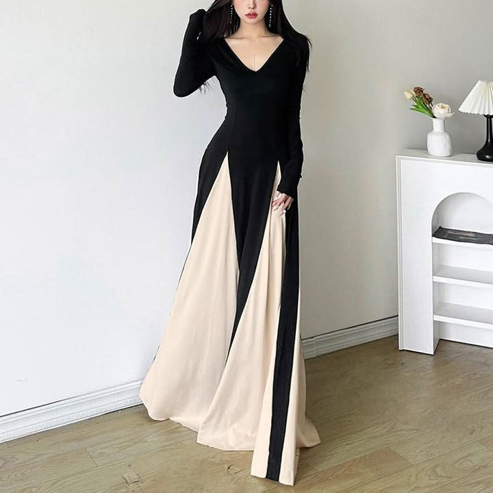 Long sleeve v neck contrast patchwork maxi dress  | Festival Outfits Women