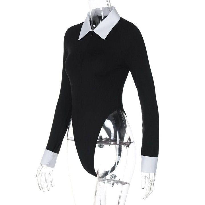 Turnover collar long sleeve zip-up button bodysuit  | Festival Outfits Women-final-sale