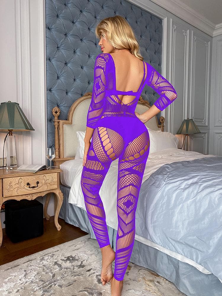 Long sleeve hollow out net backless bodystocking  | Festival Outfits Women