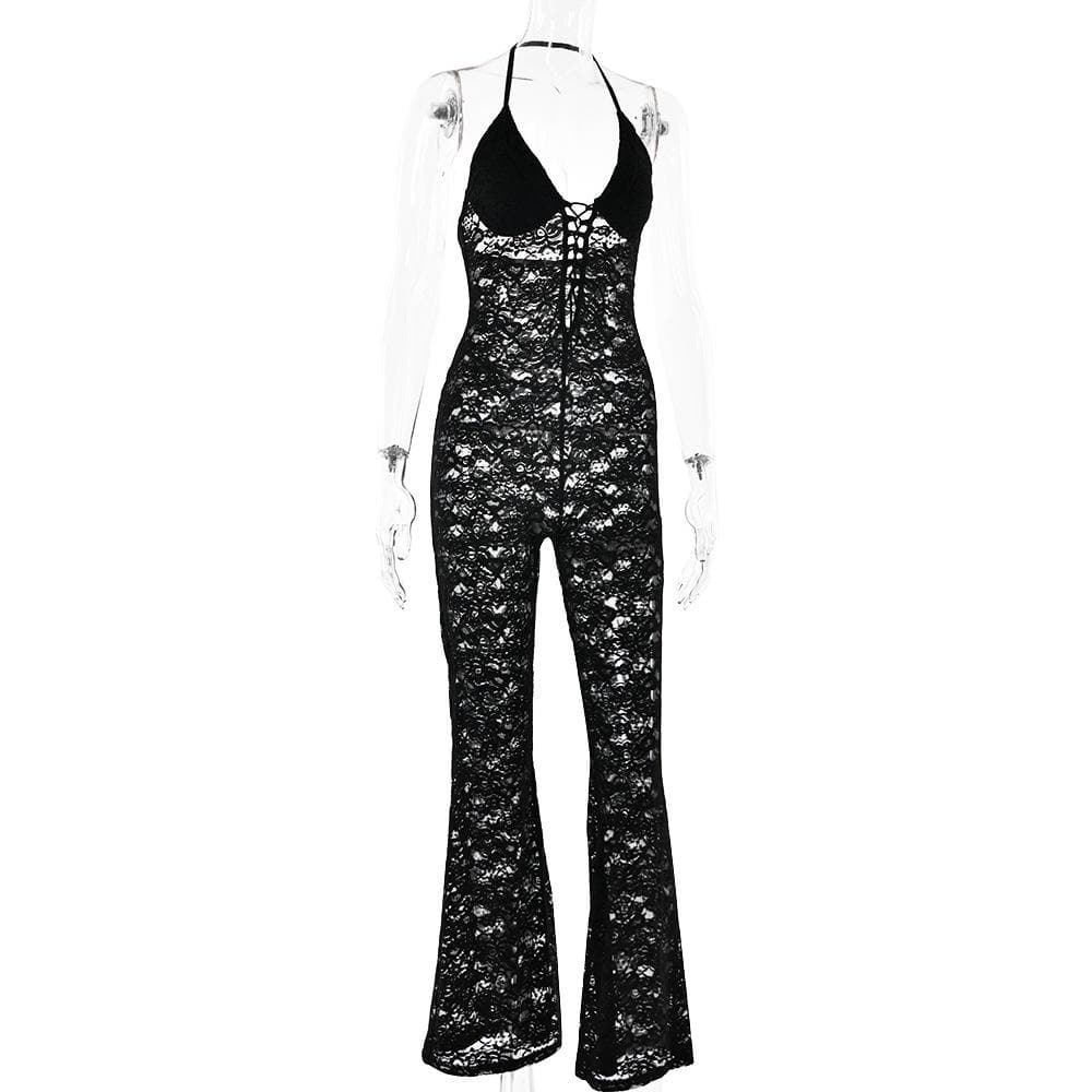 Halter lace lace up see through jumpsuit  | Festival Outfits Women