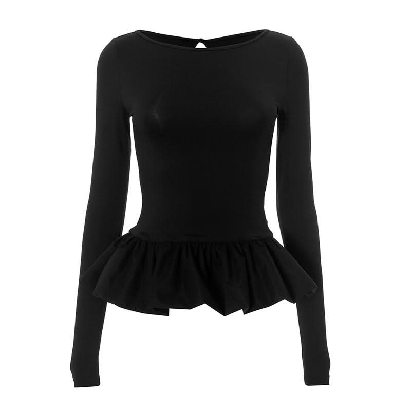 Ruched long sleeve round neck hollow out ruffle cut out top  | Festival Outfits Women