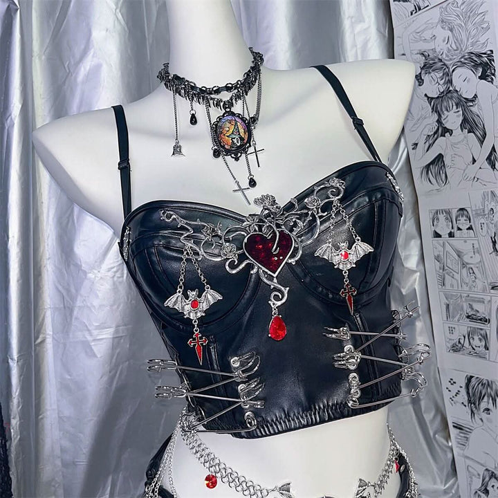 PU leather heart applique v neck backless cami top  | Festival Outfits Women