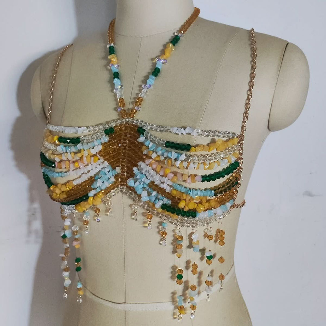 Halter beaded hollow out backless tassels cut out top  | Festival Outfits Women