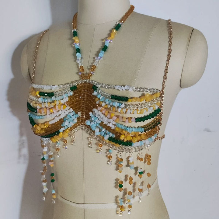 Halter beaded hollow out backless tassels cut out top  | Festival Outfits Women