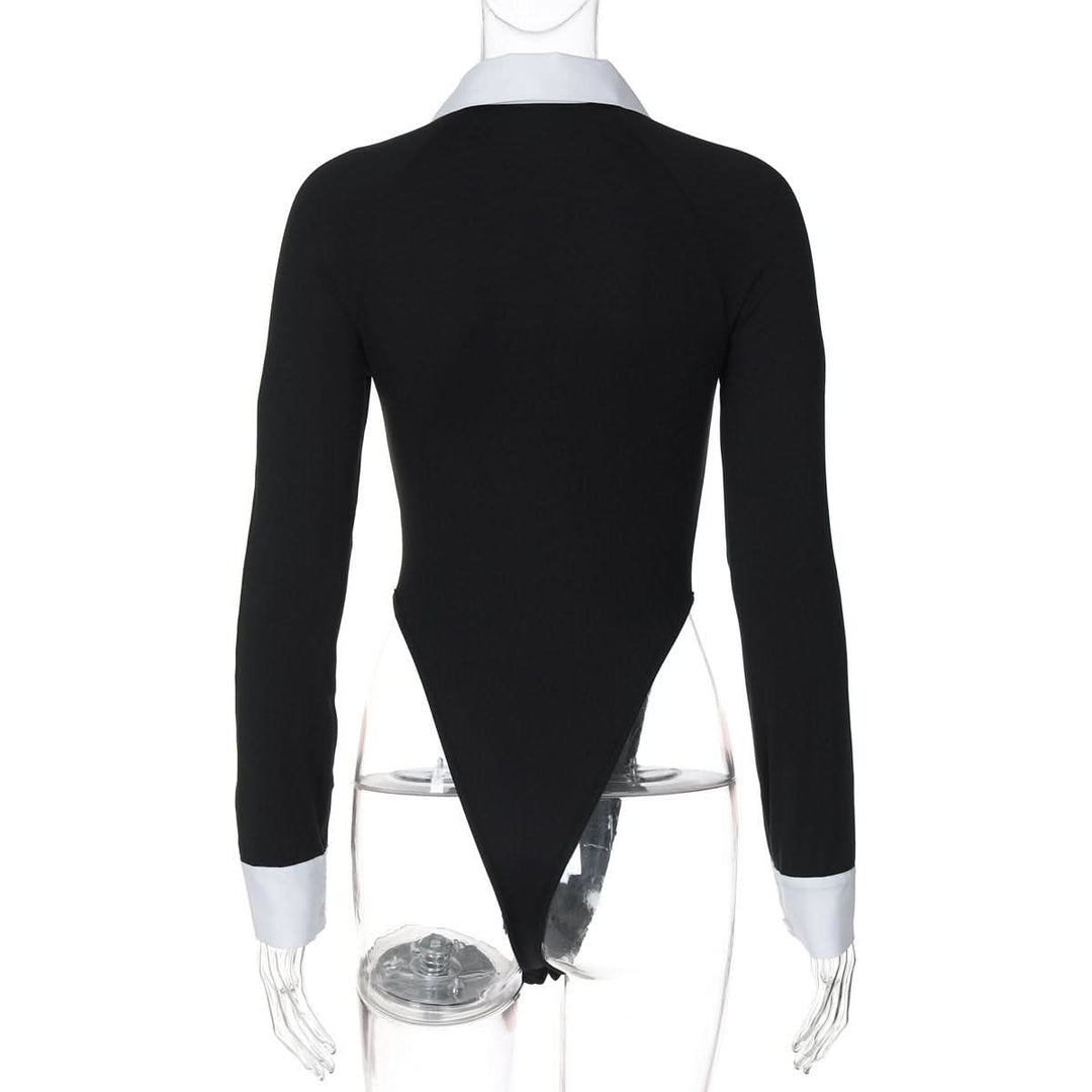 Turnover collar long sleeve zip-up button bodysuit  | Festival Outfits Women-final-sale
