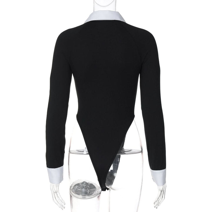 Turnover collar long sleeve zip-up button bodysuit  | Festival Outfits Women-final-sale