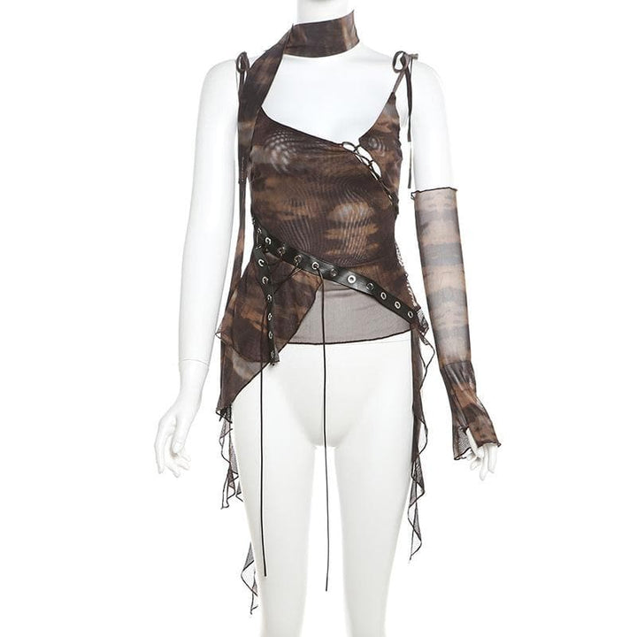 Glove tie dye sheer mesh patchwork ruffle top  | Festival Outfits Women