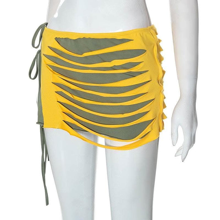 Contrast low cut hollow out self tie irregular mini skirt set-final-sale  | Festival Outfits Women