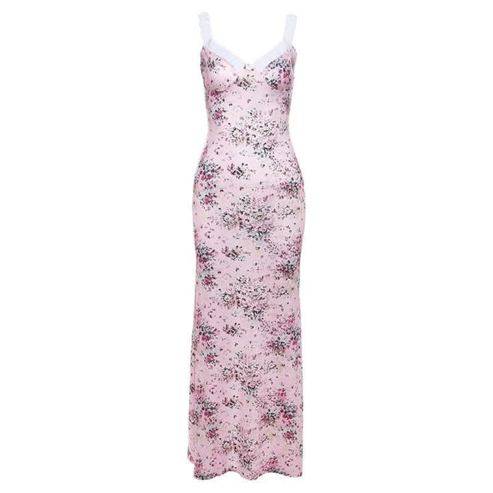 Ruched flower print contrast sleeveless v neck maxi dress-final-sale  | Festival Outfits Women
