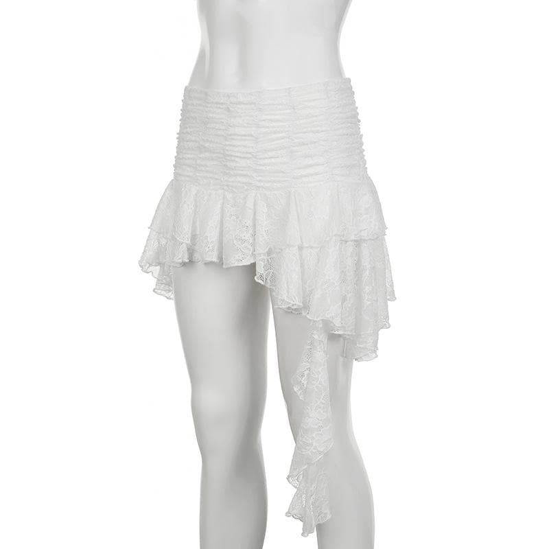 Ruched lace patchwork ruffle irregular mini skirt  | Festival Outfits Women