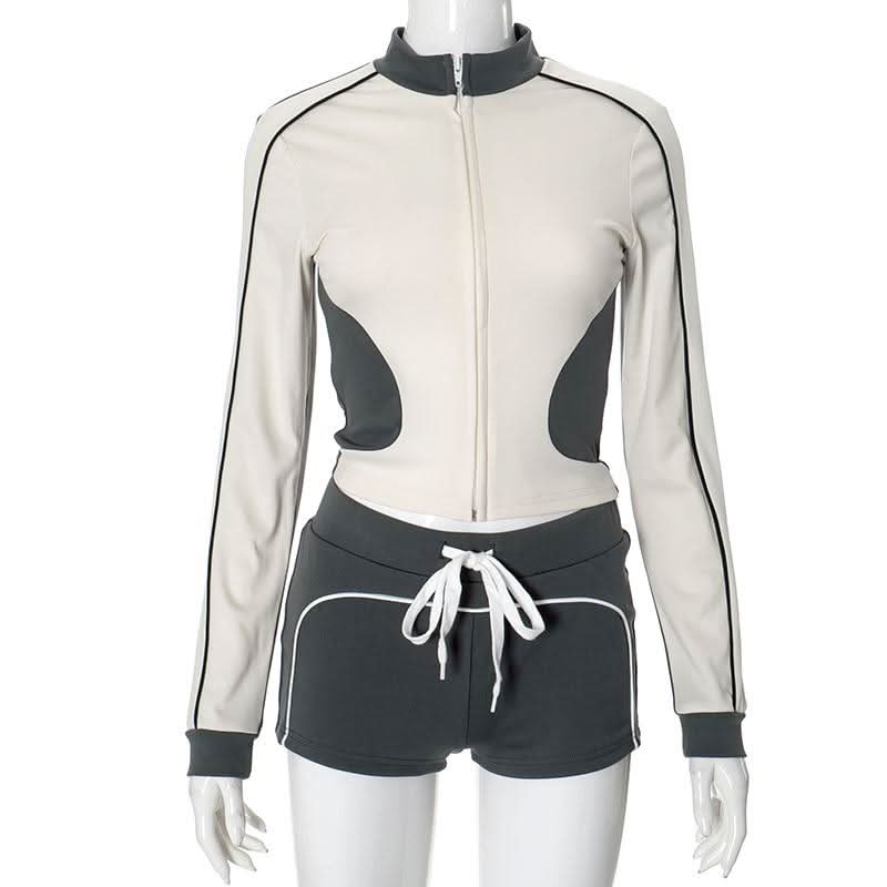 Zip-up Long sleeve drawstring low rise contrast pant set  | Festival Outfits Women