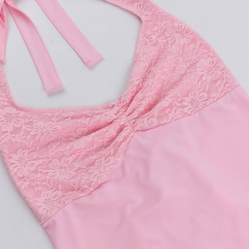 Halter self tie lace v neck ruched backless top  | Festival Outfits Women