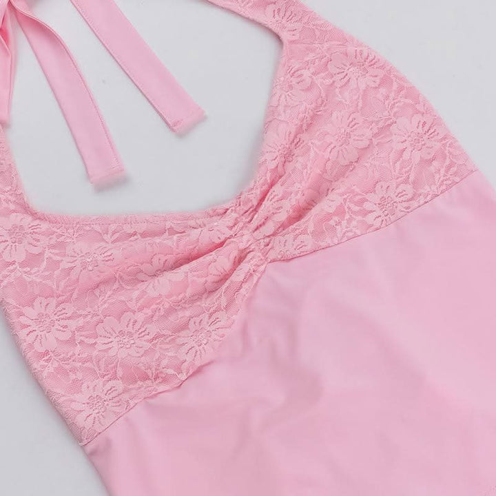 Halter self tie lace v neck ruched backless top  | Festival Outfits Women