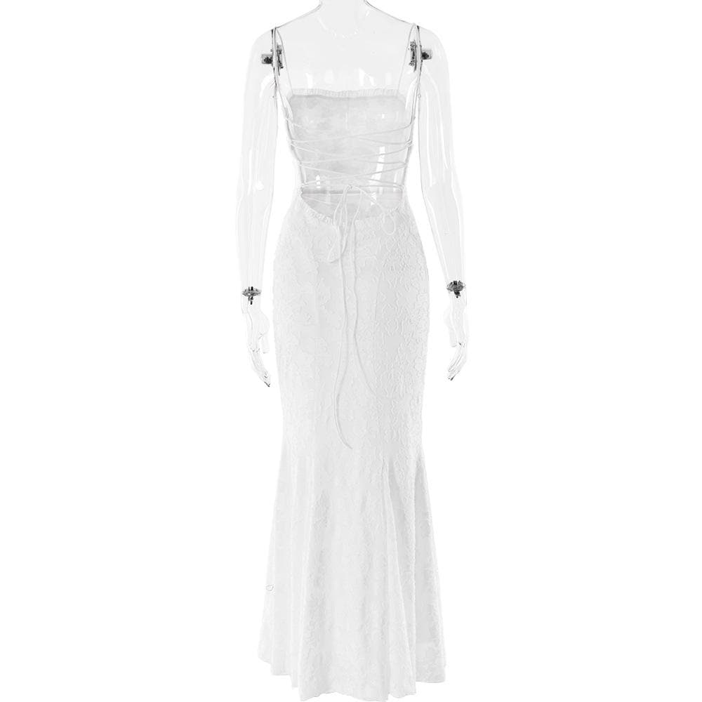 Ruffle lace up backless lace hem cami maxi dress  | Festival Outfits Women